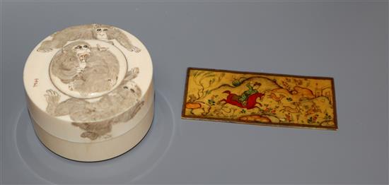 A Japanese ivory box and a Persian painted bone panel